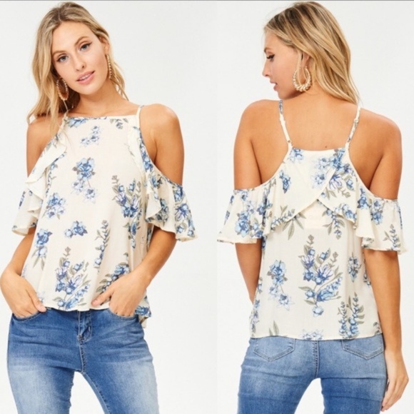 LAST 3! GANJI LA FLORAL OPEN SHOULDER RUFFLE TOP - Picture 2 of 4